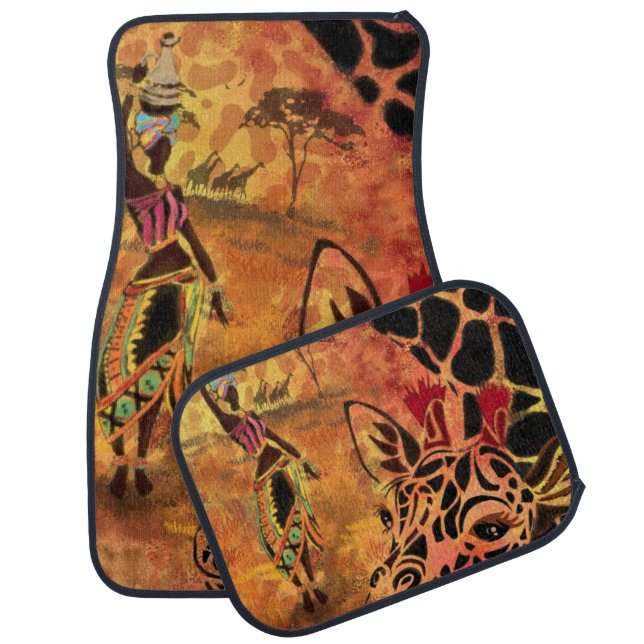 African Girl and Giraffe - Friends - Art Drawing - Car Floor Mat (Set)