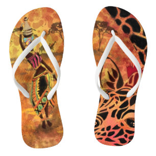 African Girl and Giraffe - Friends - Art Drawing Flip Flops