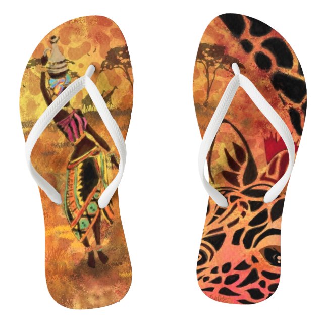 African Girl and Giraffe - Friends - Art Drawing  Flip Flops (Footbed)