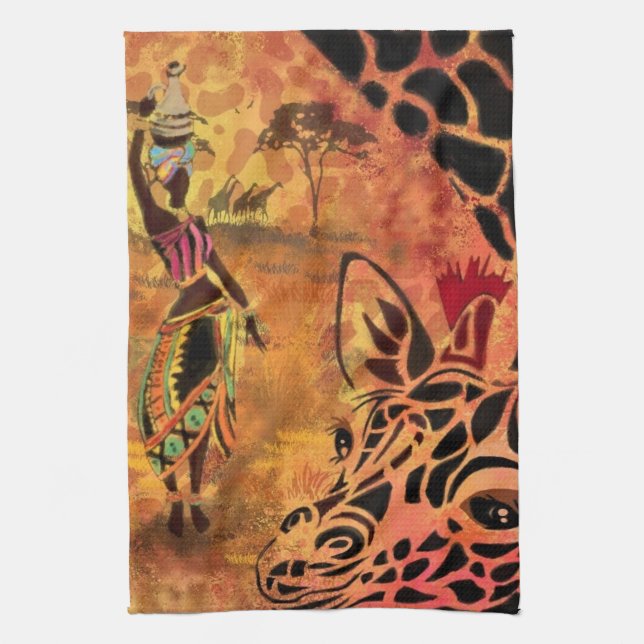 African Girl and Giraffe - Friends - Art Drawing - Kitchen Towel (Vertical)