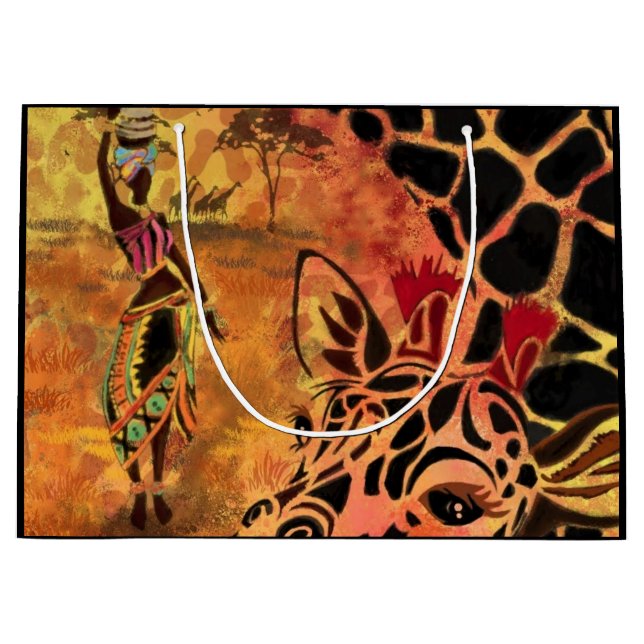 African Girl and Giraffe - Friends - Art Drawing  Large Gift Bag (Front)