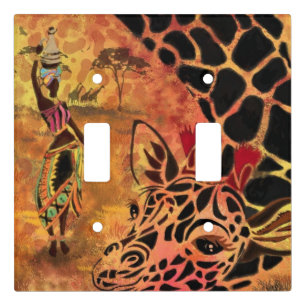 African Girl and Giraffe - Friends - Art Drawing Light Switch Cover