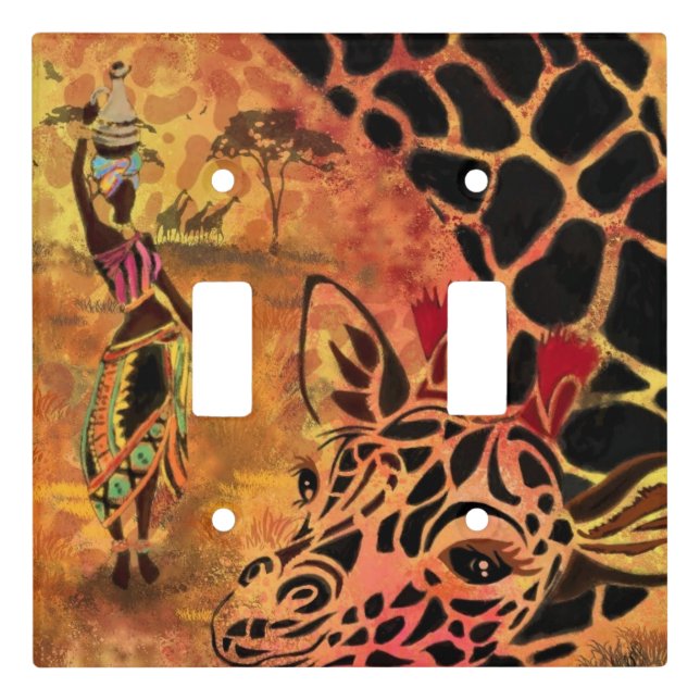 African Girl and Giraffe - Friends - Art Drawing Light Switch Cover (Front)