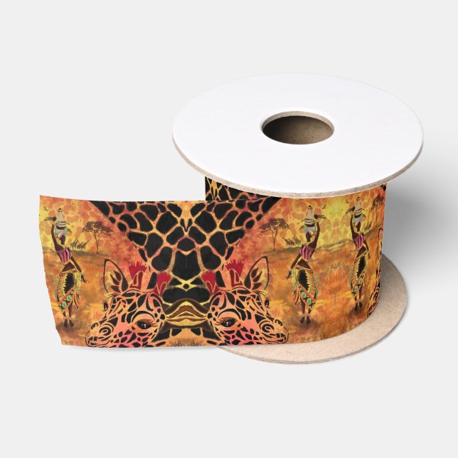 African Girl and Giraffe - Friends - Art Drawing - Satin Ribbon (Spool)
