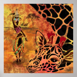 African Girl and Giraffe Friends Poster Painting