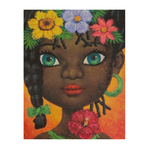 African Girl Braided Hair Head Garland Painting Wood Wall Art