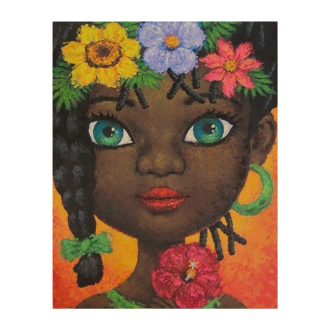 African Girl Braided Hair Head Garland Painting Wood Wall Art (Front)