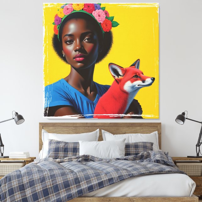 African girl & fox Portrait  Canvas Print (Insitu(Bedroom))
