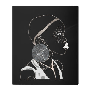 African Girl Line Art Black and white Metal Art