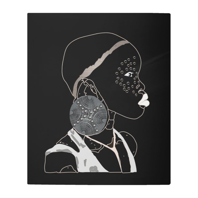 African Girl Line Art Black and white Metal Art (Front)