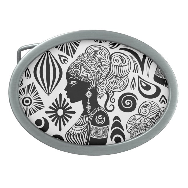 African Girl Portrait Tribal Tattoo Belt Buckle (Front)