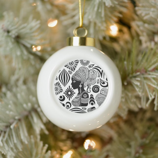 African Girl Portrait Tribal Tattoo Ceramic Ball Christmas Ornament (Tree)