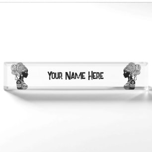 African Girl Portrait Tribal Tattoo Desk Name Plate