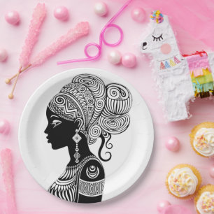 African Girl Portrait Tribal Tattoo Paper Plates