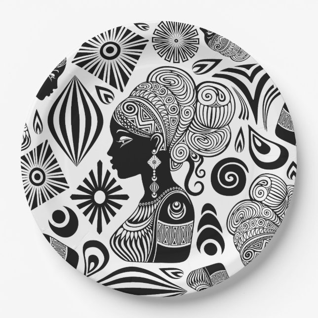 African Girl Portrait Tribal Tattoo Paper Plates (Front)