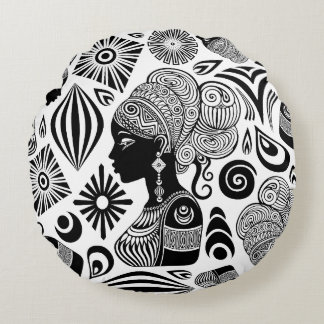 African Girl Portrait Tribal Tattoo Round Pillow