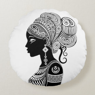 African Girl Portrait Tribal Tattoo Round Pillow