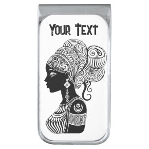 African Girl Portrait Tribal Tattoo Silver Finish Money Clip