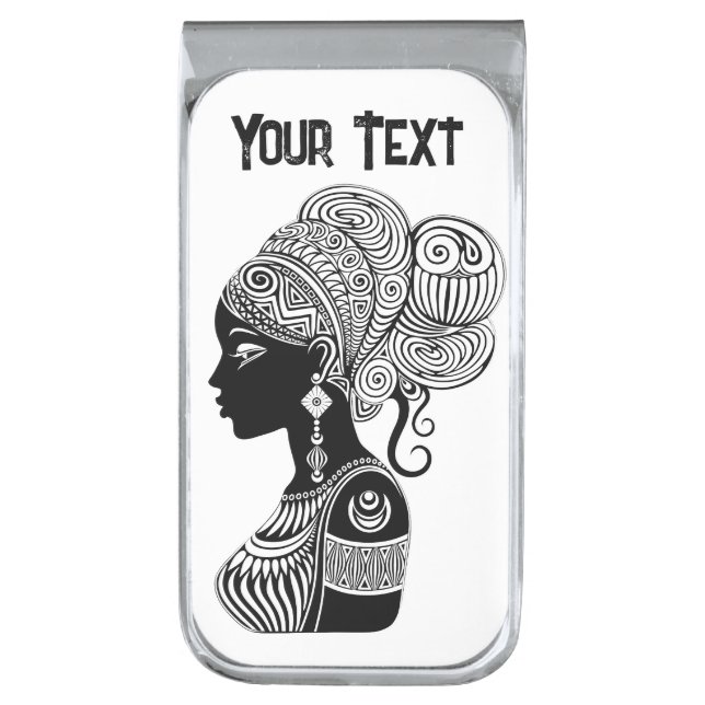 African Girl Portrait Tribal Tattoo Silver Finish Money Clip (Front Vertical)