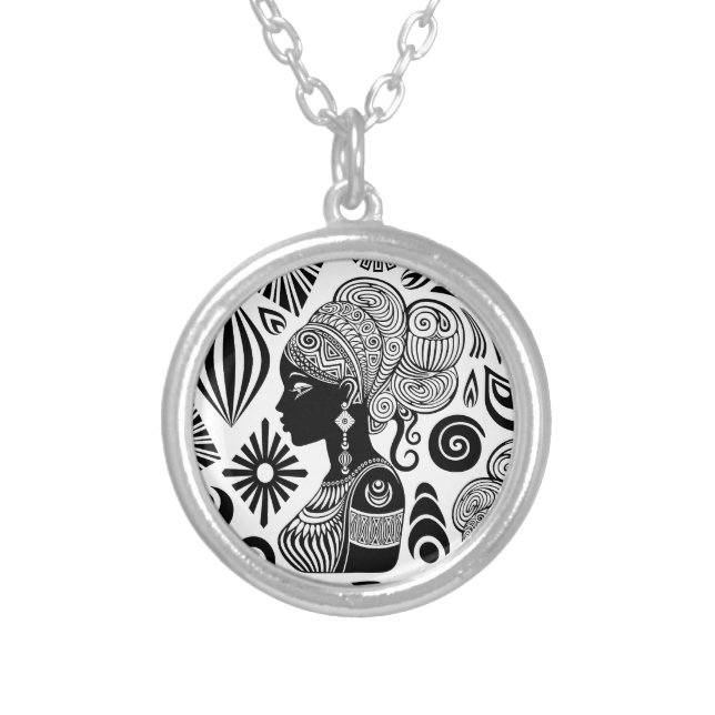 African Girl Portrait Tribal Tattoo Silver Plated Necklace (Front)