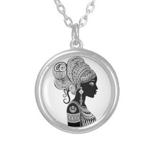 African Girl Portrait Tribal Tattoo Silver Plated Necklace