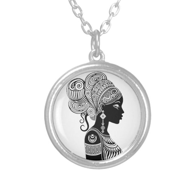 African Girl Portrait Tribal Tattoo Silver Plated Necklace (Front)