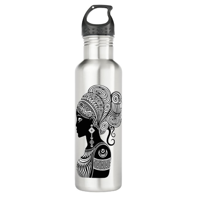 African Girl Portrait Tribal Tattoo Stainless Steel Water Bottle (Front)