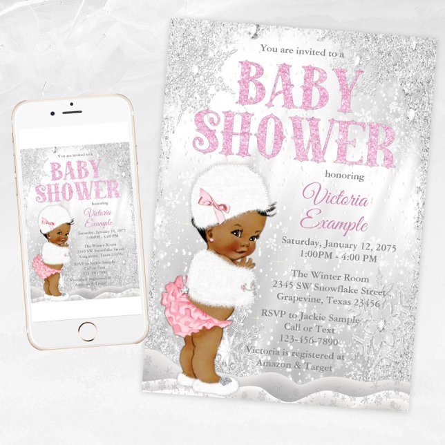 African Girl Winter Wonderland Baby Shower Invitation (Girl winter wonderland baby shower invitation with African baby girl. For instant download & Print.)