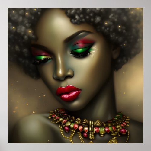 African Glamorous woman jewels red green eyeshadow Poster