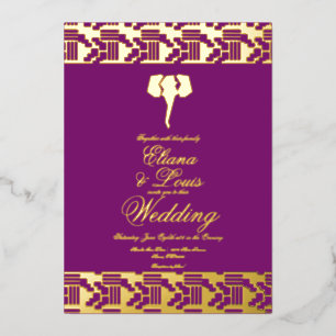 African Gold Elephant Marking Wedding Pressed Foil Invitation