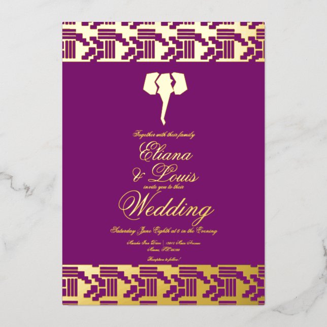 African Gold Elephant Marking Wedding Pressed   Foil Invitation (Front)