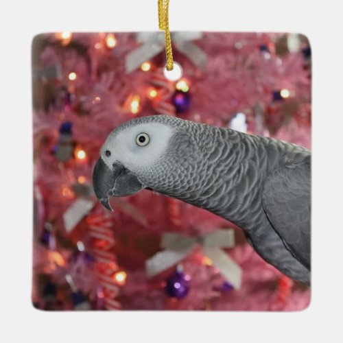 African Gray Parrot and Icy Pink Christmas Tree Ceramic Ornament