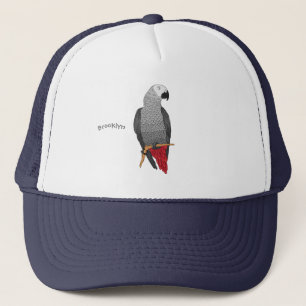 African gray parrot cartoon illustration trucker hat