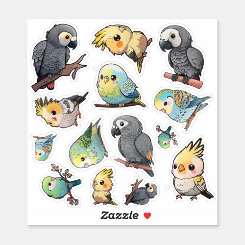 African Grey Cockatiel and Parakeet Sticker Sheet