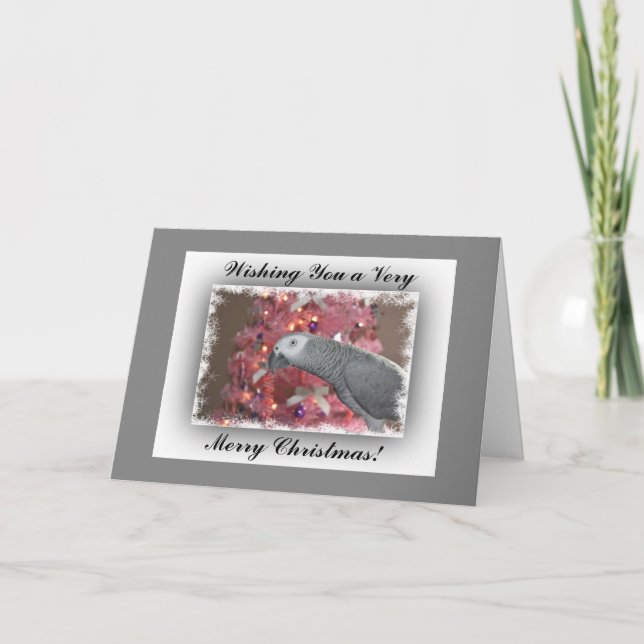 African Grey Parrot and Icy Pink Christmas Tree Holiday Card (Front)
