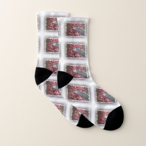 African Grey Parrot and Icy Pink Christmas Tree Socks