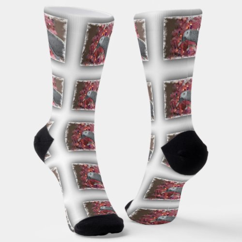 African Grey Parrot and Icy Pink Christmas Tree Socks