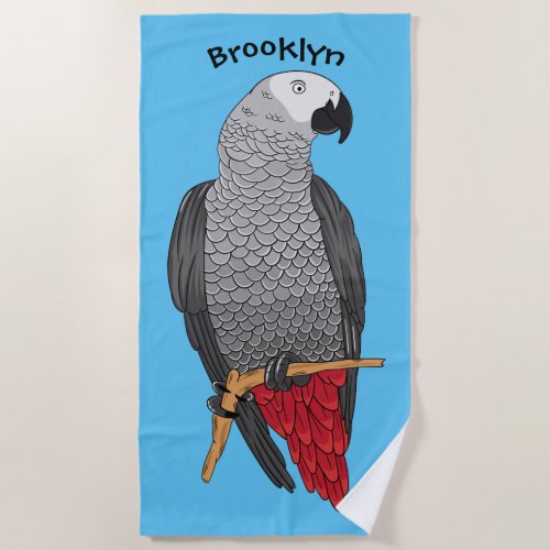 African grey parrot cartoon illustration  beach towel