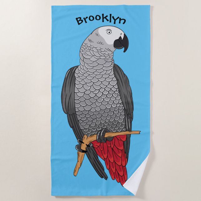 African grey parrot cartoon illustration  beach towel (Front)