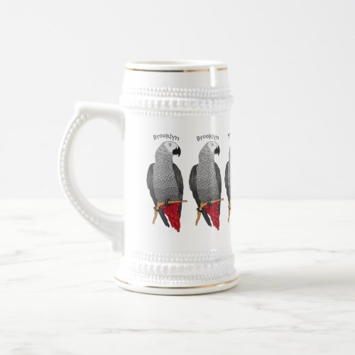 African grey parrot cartoon illustration  beer stein