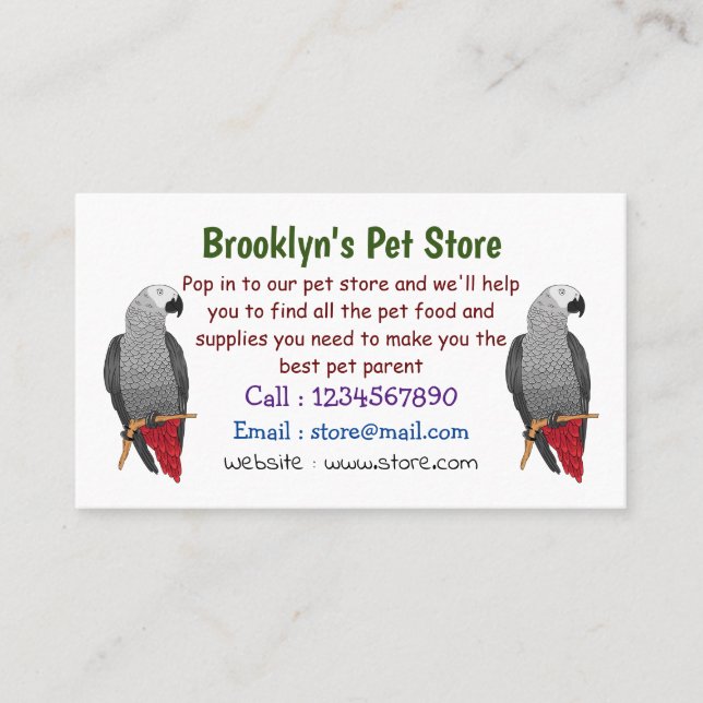 African grey parrot cartoon illustration  business card (Front)