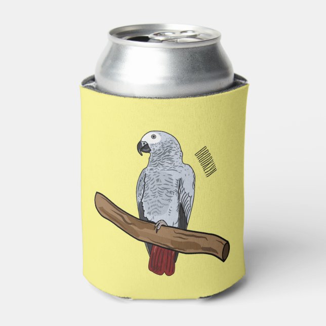 African grey parrot cartoon illustration  can cooler (Can Front)