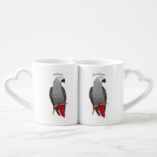 African grey parrot cartoon illustration coffee mug set