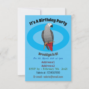 African grey parrot cartoon illustration invitation