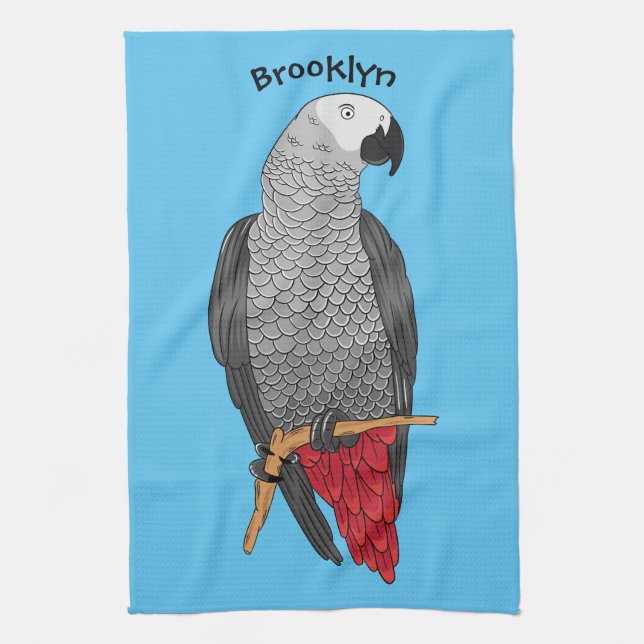 African grey parrot cartoon illustration kitchen towel (Vertical)