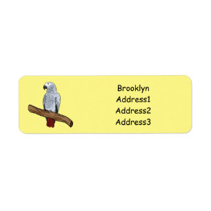 African grey parrot cartoon illustration label