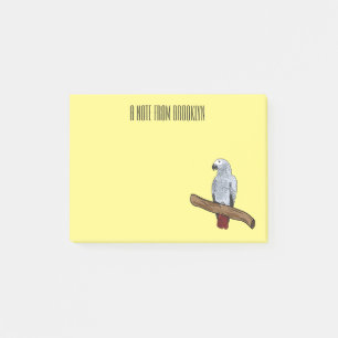 African grey parrot cartoon illustration post-it notes