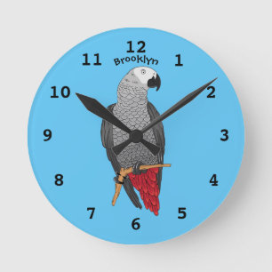 African grey parrot cartoon illustration round clock