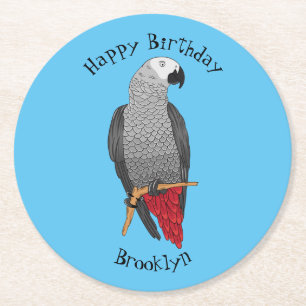 African grey parrot cartoon illustration round paper coaster