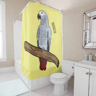 African grey parrot cartoon illustration shower curtain
